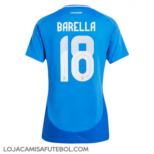 Camisa de Futebol Itália Nicolo Barella #18 Equipamento Principal Mulheres Europeu 2024 Manga Curta